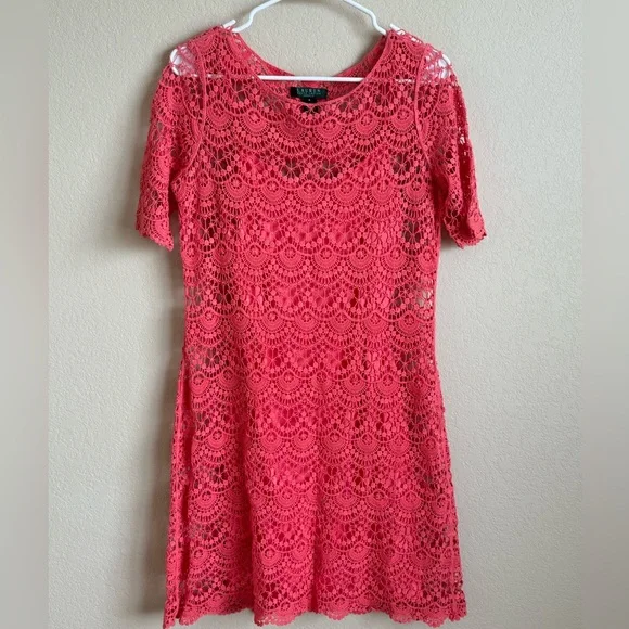 ralph lauren red lace dress Lauren Ralph Lauren Womens Jillias Lace Jewel Neck Party Dress Red 0